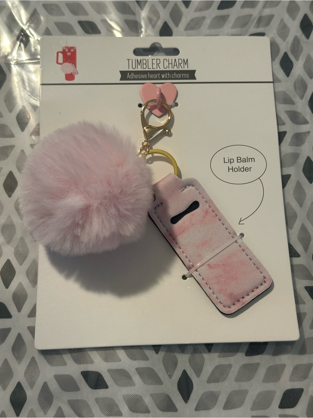 Kids Pink Pom-Pom Lip Balm Holder Keychain with Gold Clasp